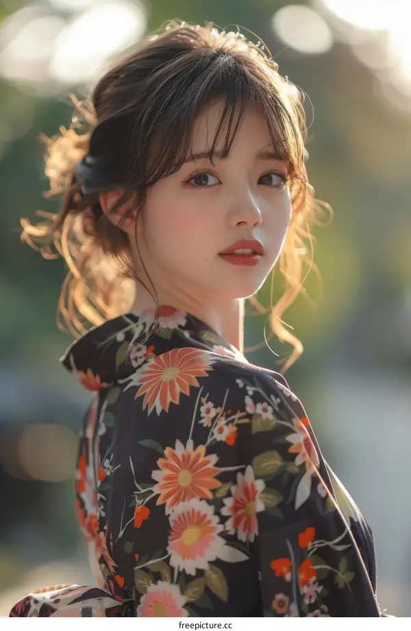 Asian Woman in Beautiful Floral Kimono