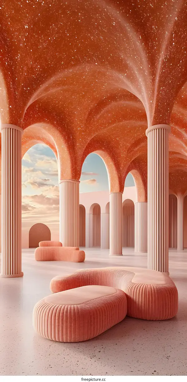 Pink Architectural Design With Curved Furniture In Minimalist Style