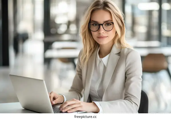 Business Woman Working on Laptop in Office