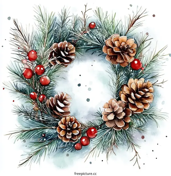 Watercolor Christmas Wreath with Pine Cones and Berries