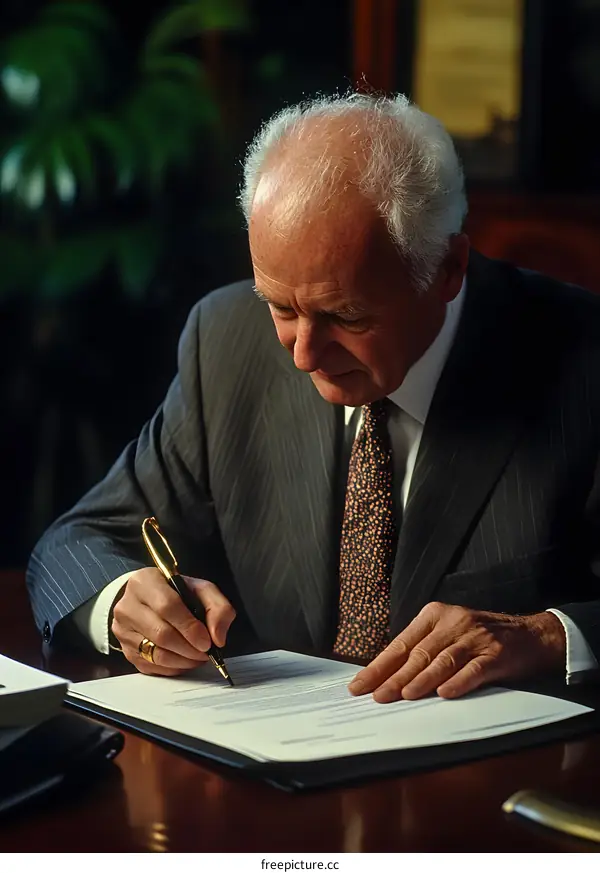 Senior Businessman Signing Contract in Office