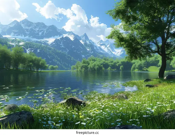 Serene Mountain Lake with Lush Green Field