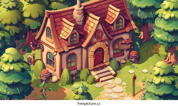 Cute Cottage House In Green Forest Illustration