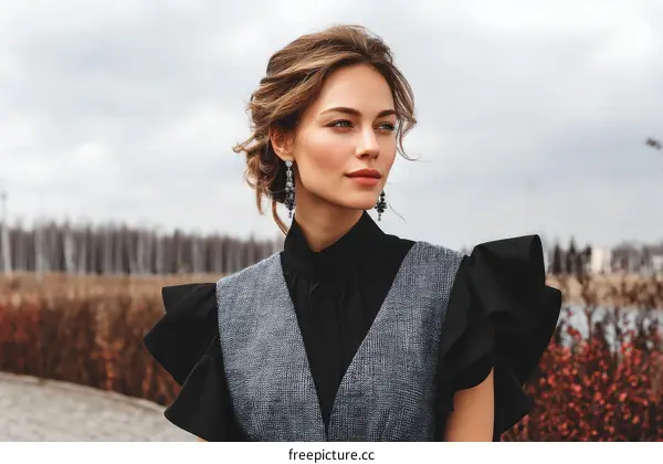 Elegant woman in stylish outfit standing outdoors with nature background