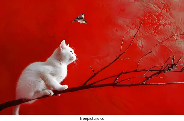 White Cat Looking Up At A Bird On A Branch Against Red Background