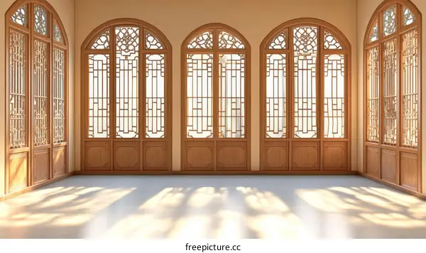 Elegant Chinese Interior with Wooden Arch Windows