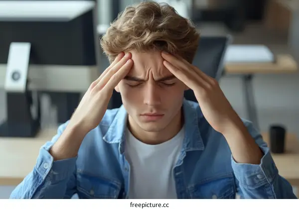 Young Man Suffering from a Headache in Office