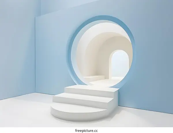White Steps and Blue Wall with Circular Archway