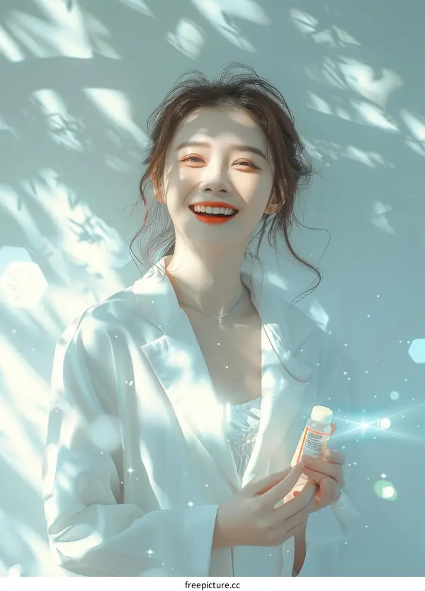 Asian woman holding a bottle of skin care product and smiling