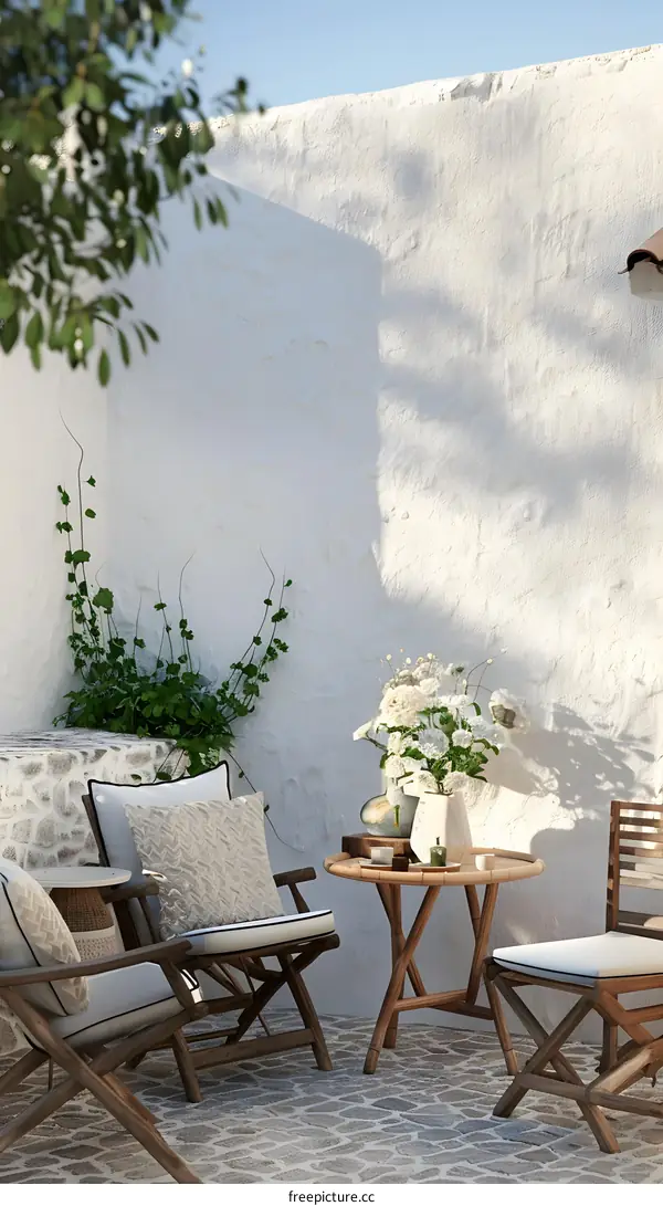 White Wall Patio With Wooden Chairs and Table