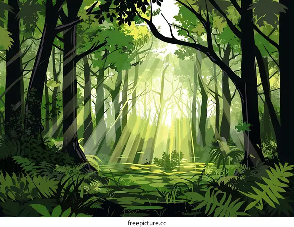 Sunbeams Shining Through Lush Green Forest