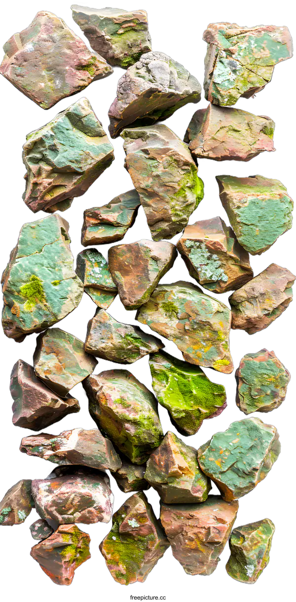 [Transparent Background PNG]Collection of Green and Brown Rocks on a White Background
