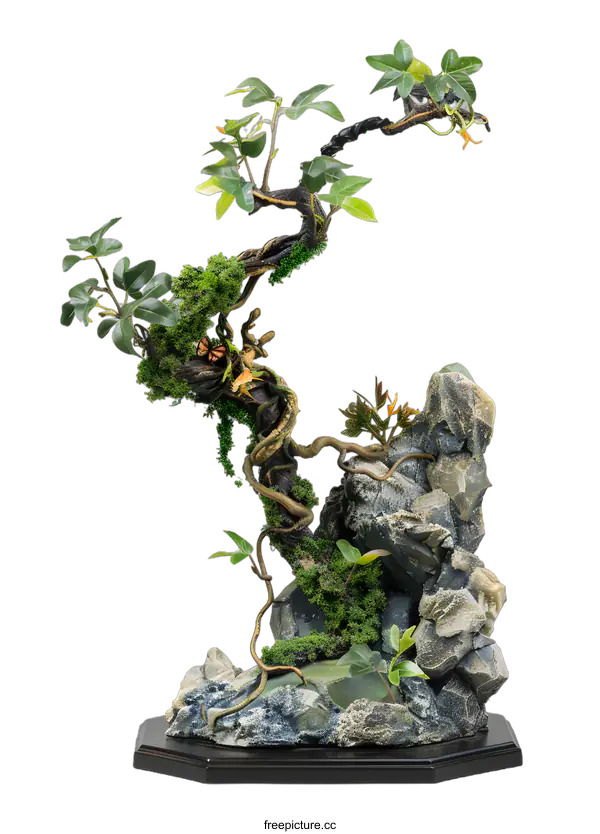 [Transparent Background PNG]Green Bonsai Tree With Moss and Rocks On Black Base