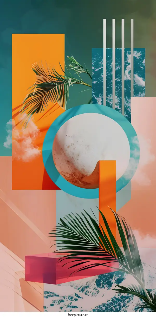 Abstract Geometric Collage with Tropical Plants and 3D Shapes