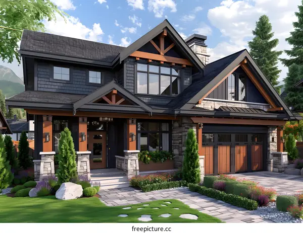 Black wooden house with white framed windows