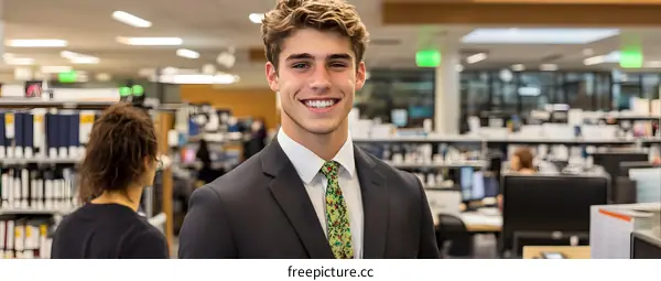 Smiling Man in Suit in Library Setting