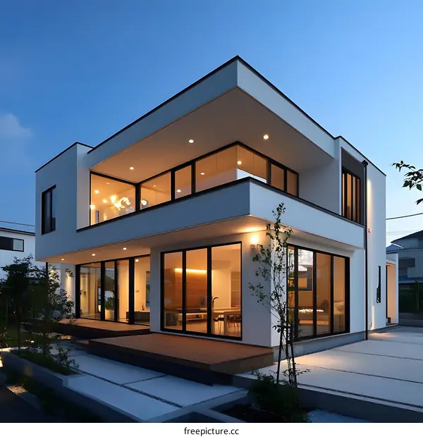 Modern White House with Large Windows and Balcony
