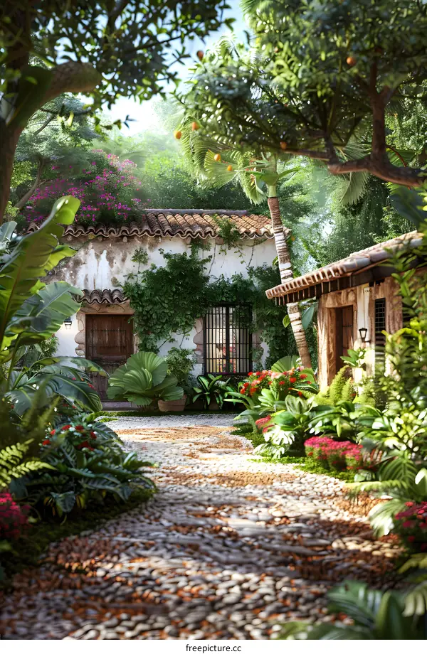 Courtyard of a Spanish style house with tropical plants and flowers