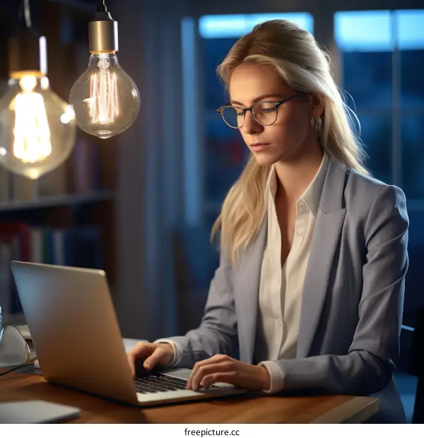 Caucasian Business Woman Focused Working on Laptop in Home Office