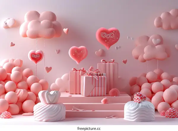 Valentines Pink and White Background with Heart-Shaped Balloons
