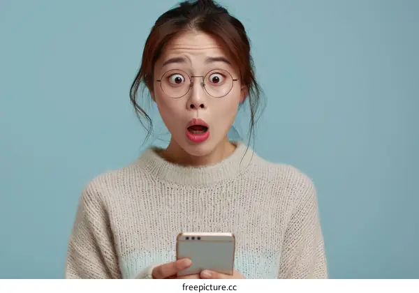 Shocked Asian woman looking at her phone in disbelief