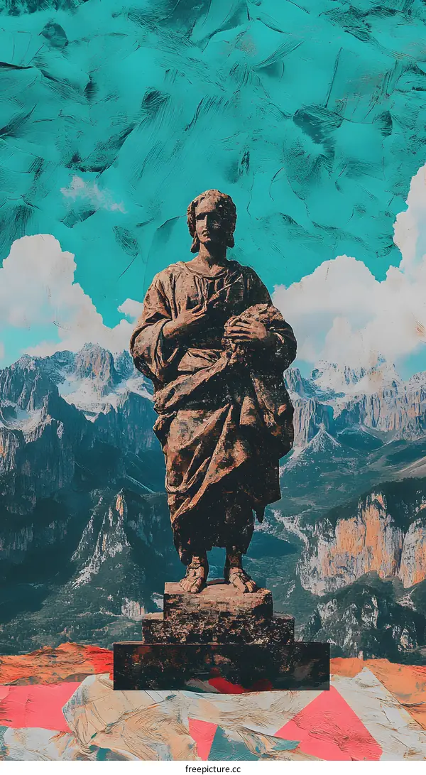 Collage Art of a Statue in Front of Mountains