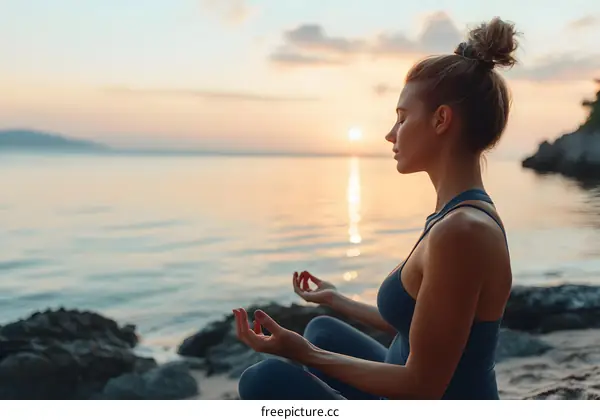 Woman in Blue Sportswear Practices Yoga on Beach at Sunset
