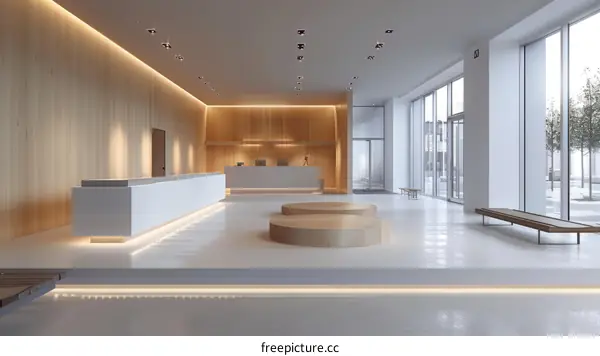 Modern office interior with wooden walls and large windows