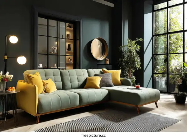 Modern Living Room Sectional Sofa with Yellow Cushions