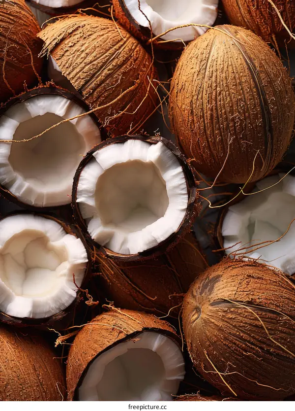 Pile of Coconuts with Two Split Open