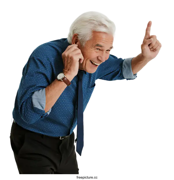 [Transparent Background PNG]Energetic senior man with raised finger and phone call gesture
