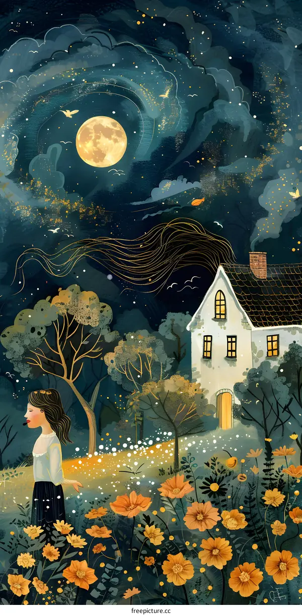 girl walking in the garden at night