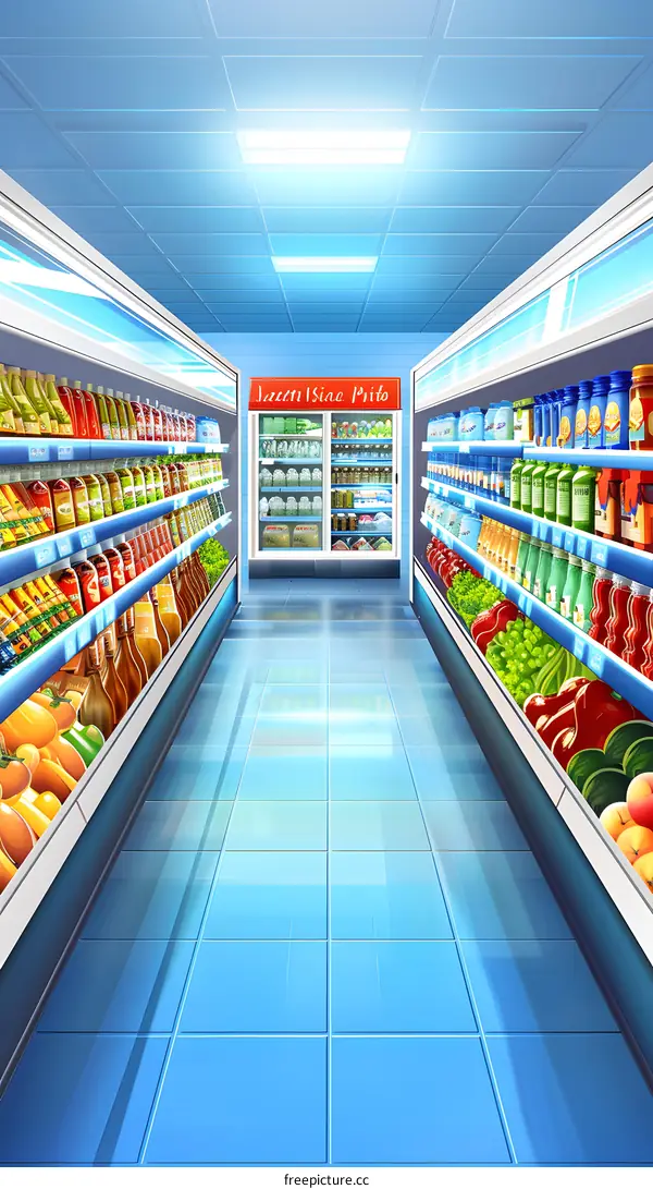 Supermarket Aisle with Products and Blue Tiles