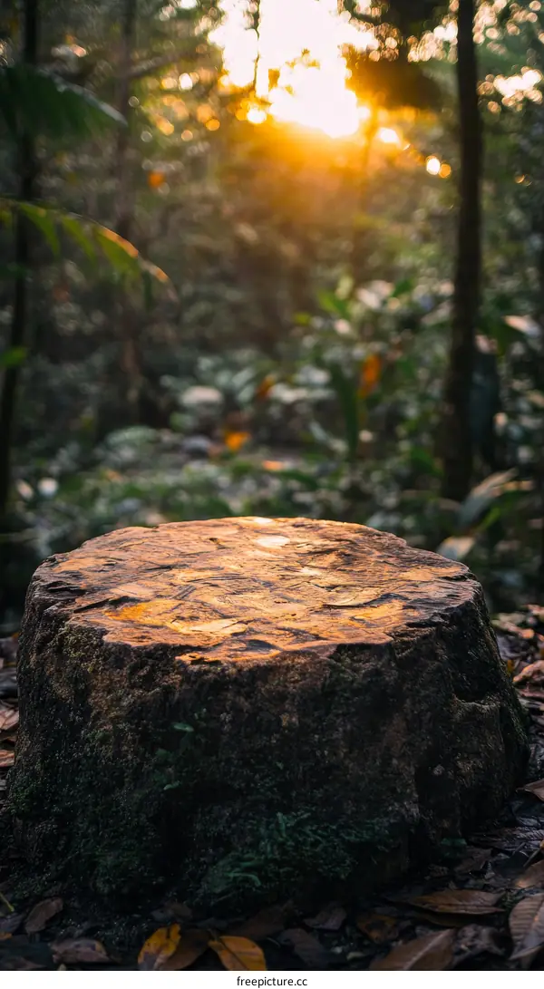 Sunlight on Forest Tree Stump