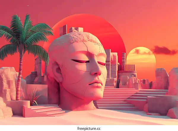 Surreal Desert Landscape with Giant Stone Head