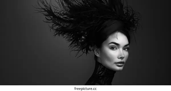 Stunning black and white portrait of a young woman wearing a unique feathered headpiece