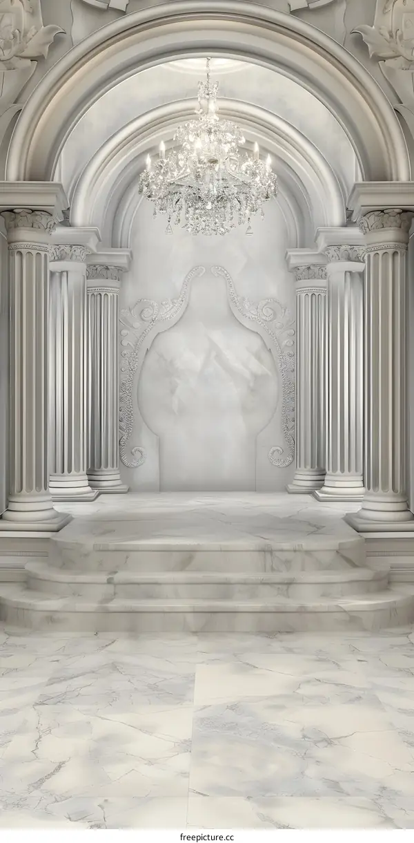 White Marble Floor with Pillars and Chandelier