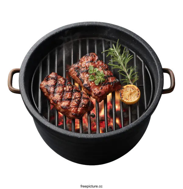 [Transparent Background PNG]Delicious Grilled Steak in a Round Outdoor Grill