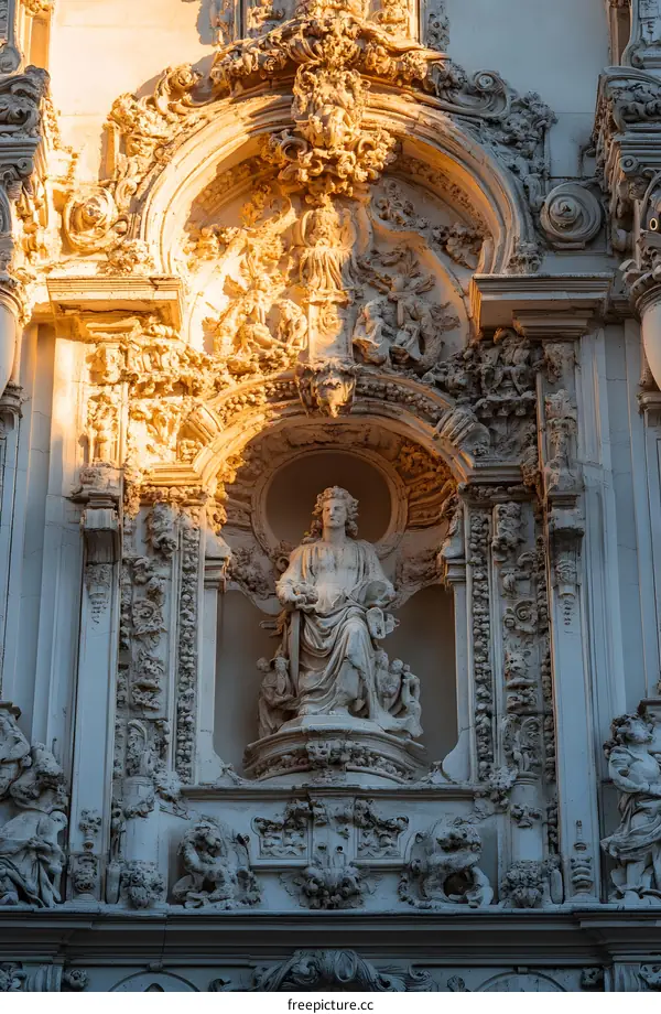 Architectural Detail of a Church Building with a Statue in a Niche