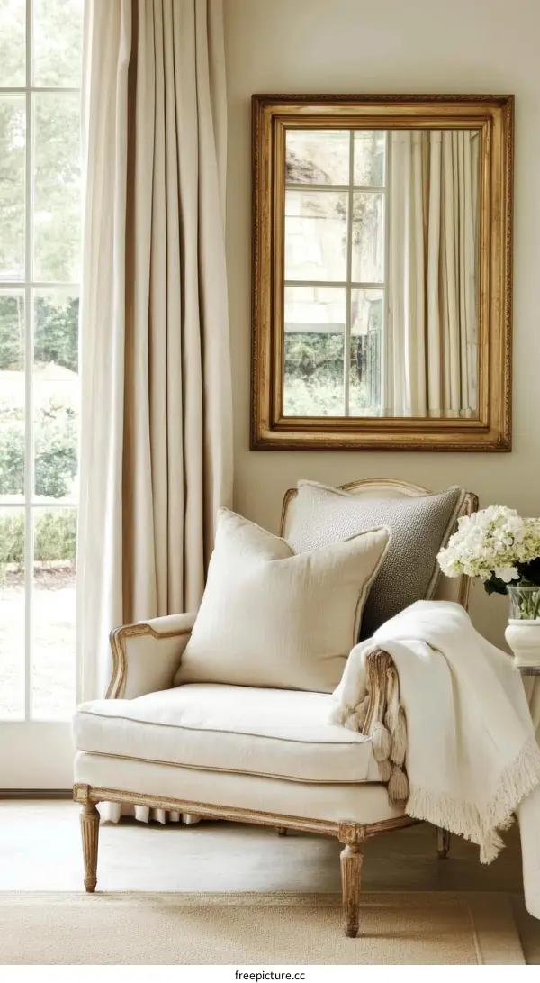 Creamy Beige Armchair with Gold Mirror