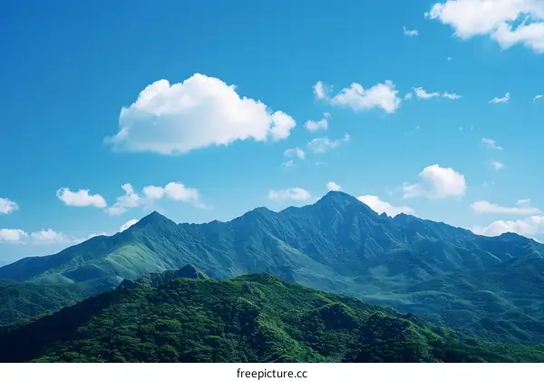 The mountain is covered with green plants and there are white clouds in the blue sky