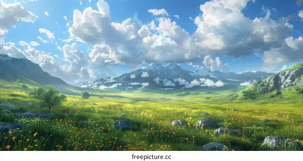 mountain field flowers blue sky white clouds