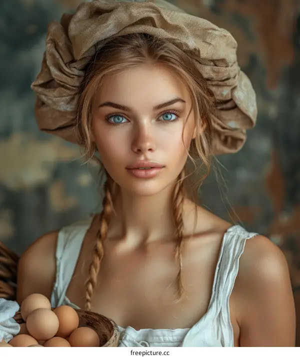 portrait of a beautiful blonde girl in a headscarf holding a basket of eggs