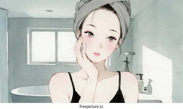 Young Woman with Towel on Head Applying Skincare in Bathroom