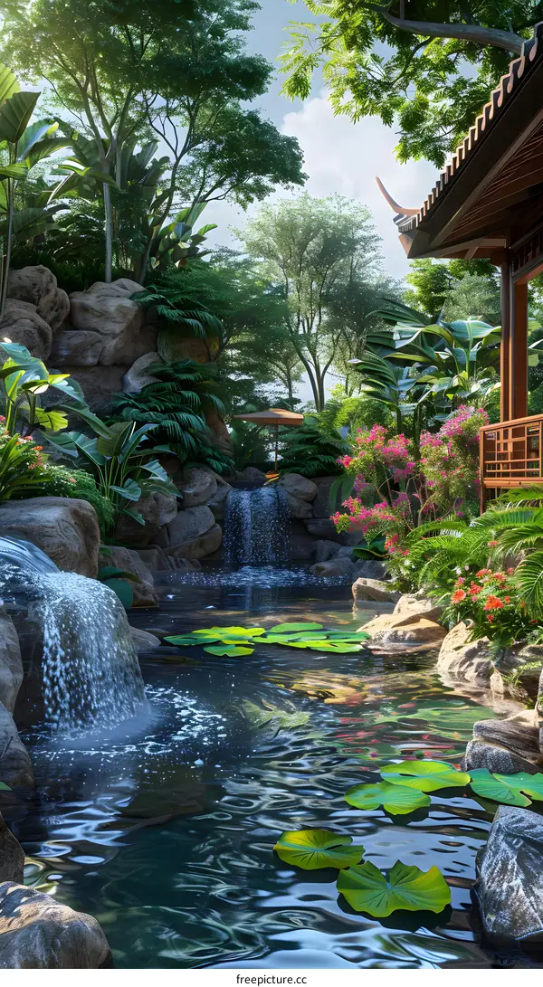 A traditional Asian-style architecture blends perfectly with the surrounding natural environment in a lush tropical garden.