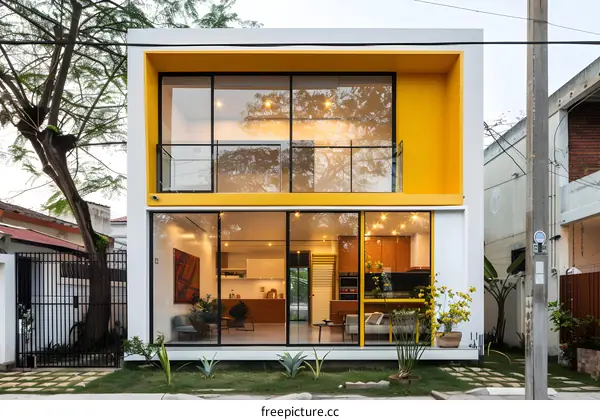 Modern Yellow and White Two Story Home with Large Windows
