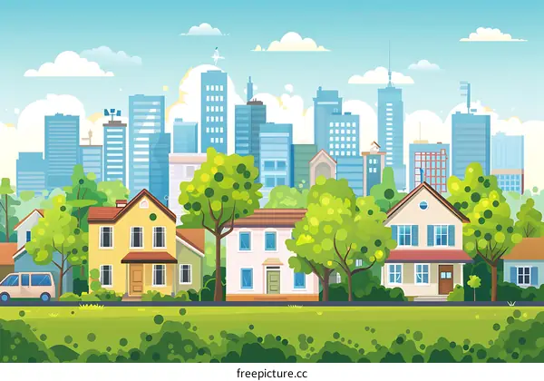 Cartoon Illustration Of Suburban Houses With City Skyline In Background