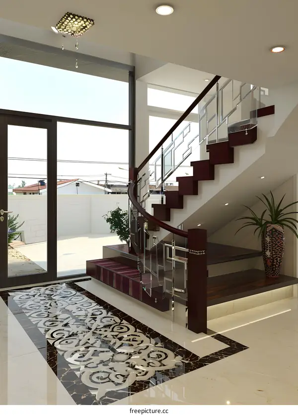 Modern Staircase Design with Glass Railing and Marble Floor