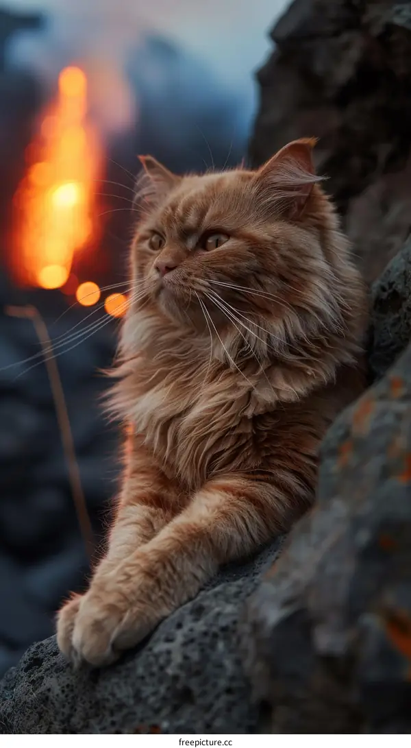 ginger cat looking at lava from a rock