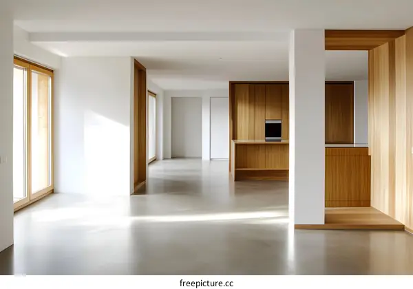 Modern Minimalist Empty Home Interior Design With White Walls And Wooden Cabinets